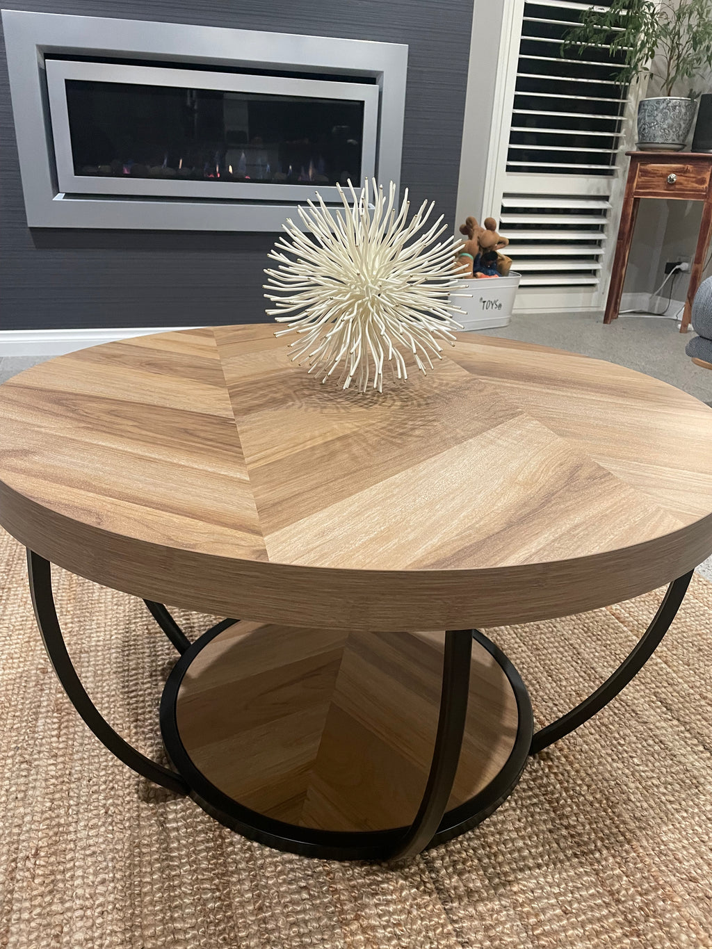 Round Herringbone Coffee Table with Metal Base – 800mm