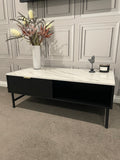 Modern Black Coffee Table with Fluted Front & Marble-Look Top – 110cm