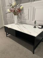 Modern Black Coffee Table with Fluted Front & Marble-Look Top – 110cm