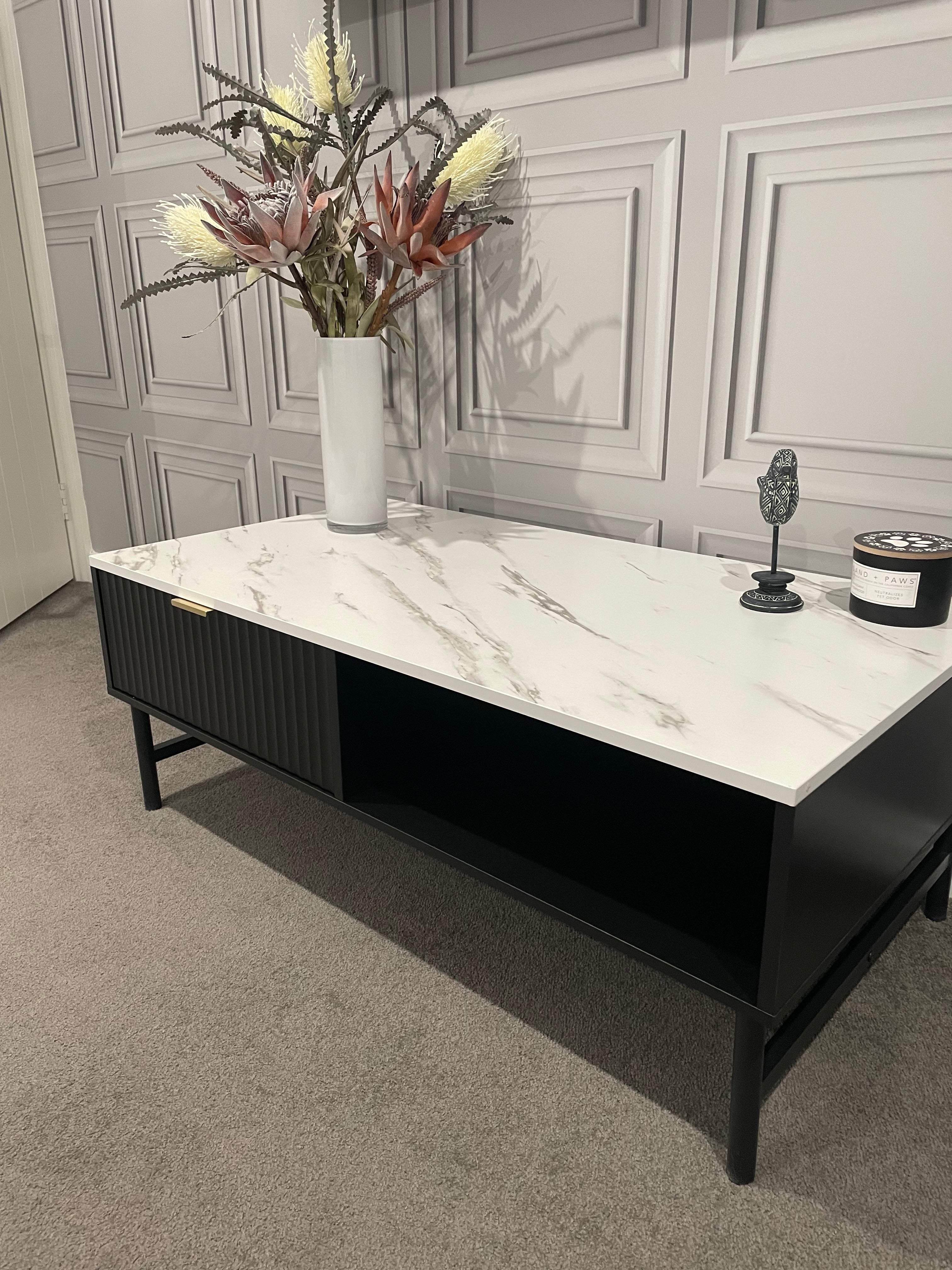 Modern Black Coffee Table with Fluted Front & Marble-Look Top – 110cm
