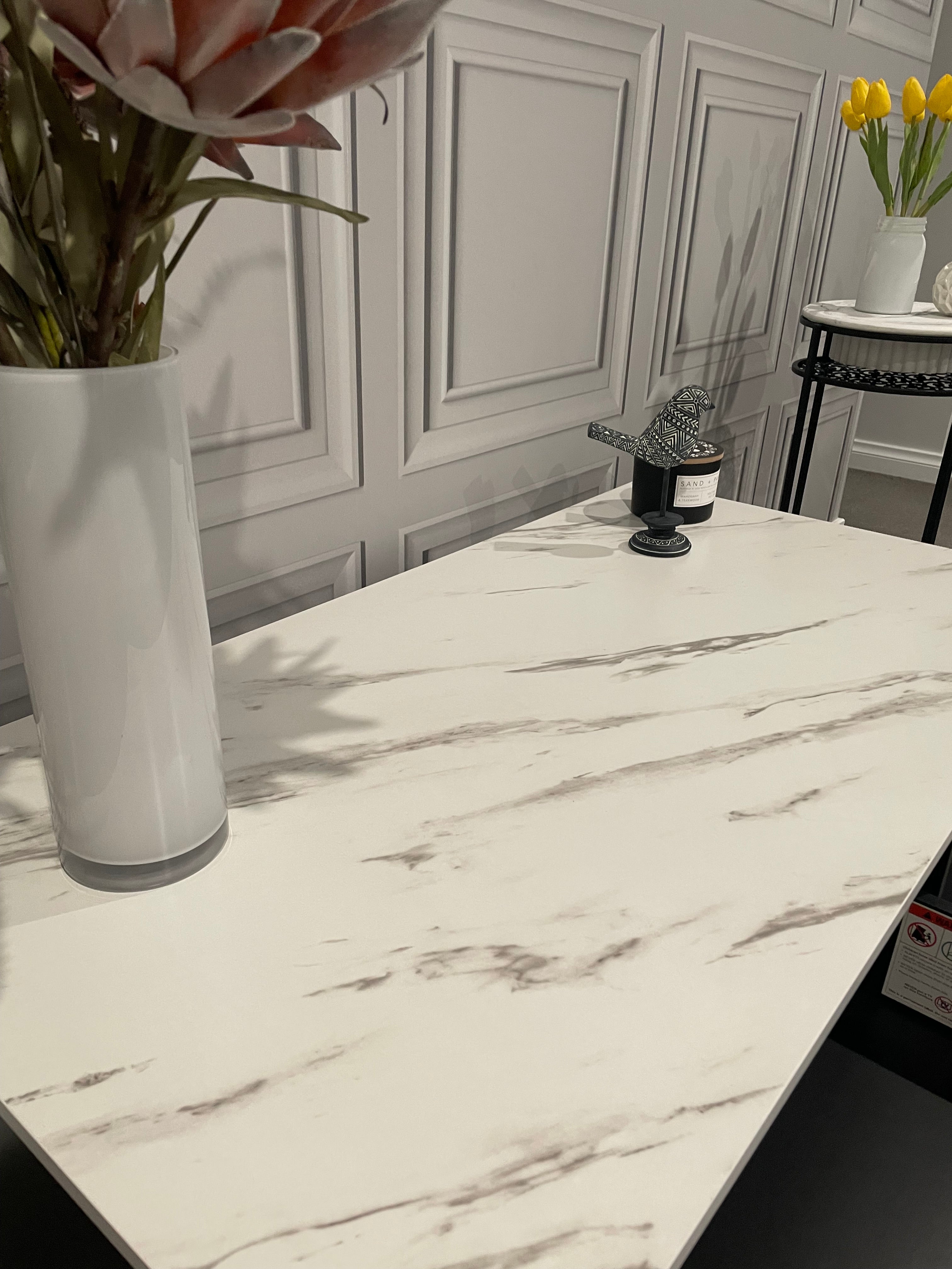 Modern Black Coffee Table with Fluted Front & Marble-Look Top – 110cm