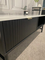 Modern Black Coffee Table with Fluted Front & Marble-Look Top – 110cm