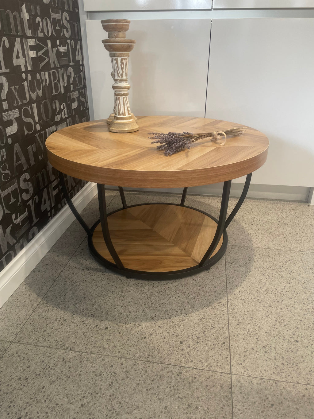 Round Herringbone Coffee Table with Metal Base – 800mm