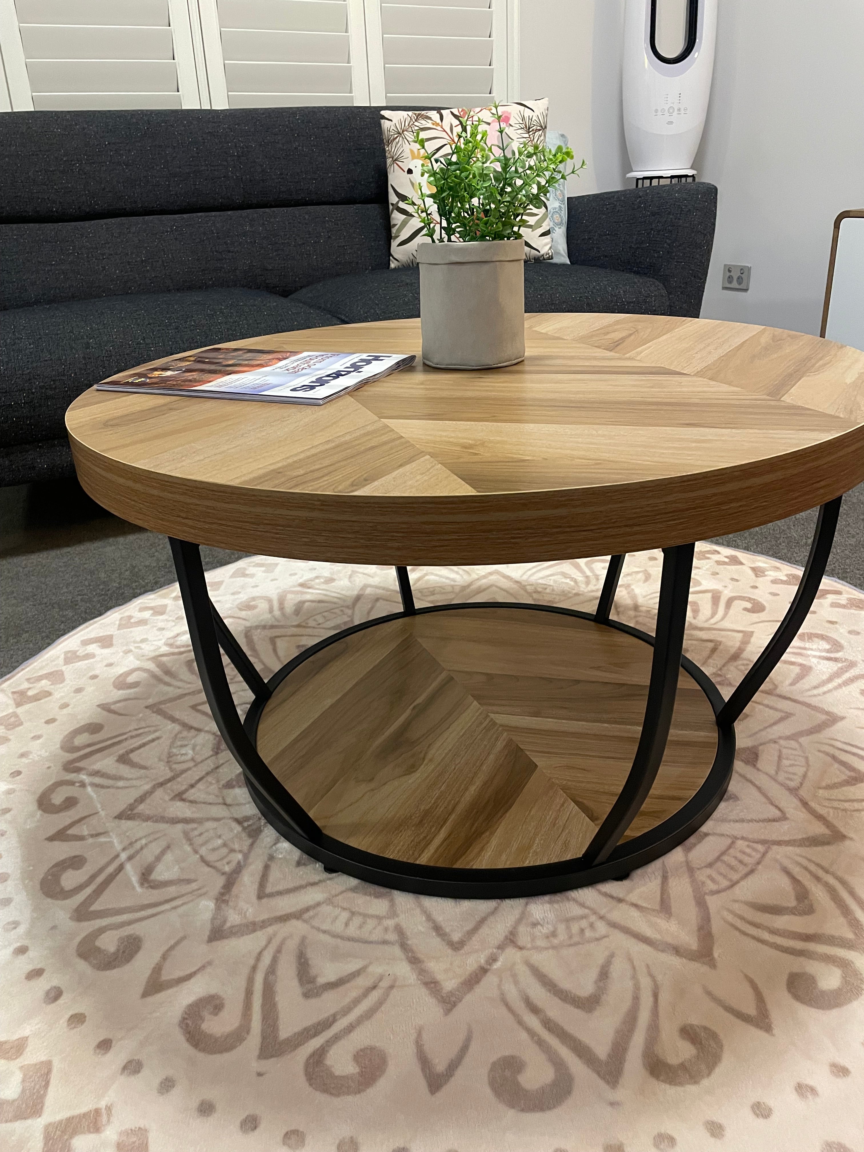Round Herringbone Coffee Table with Metal Base – 800mm