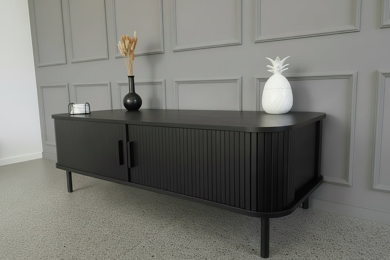 Modern Black Coffee Table with Sliding Fluted Doors – 120cm
