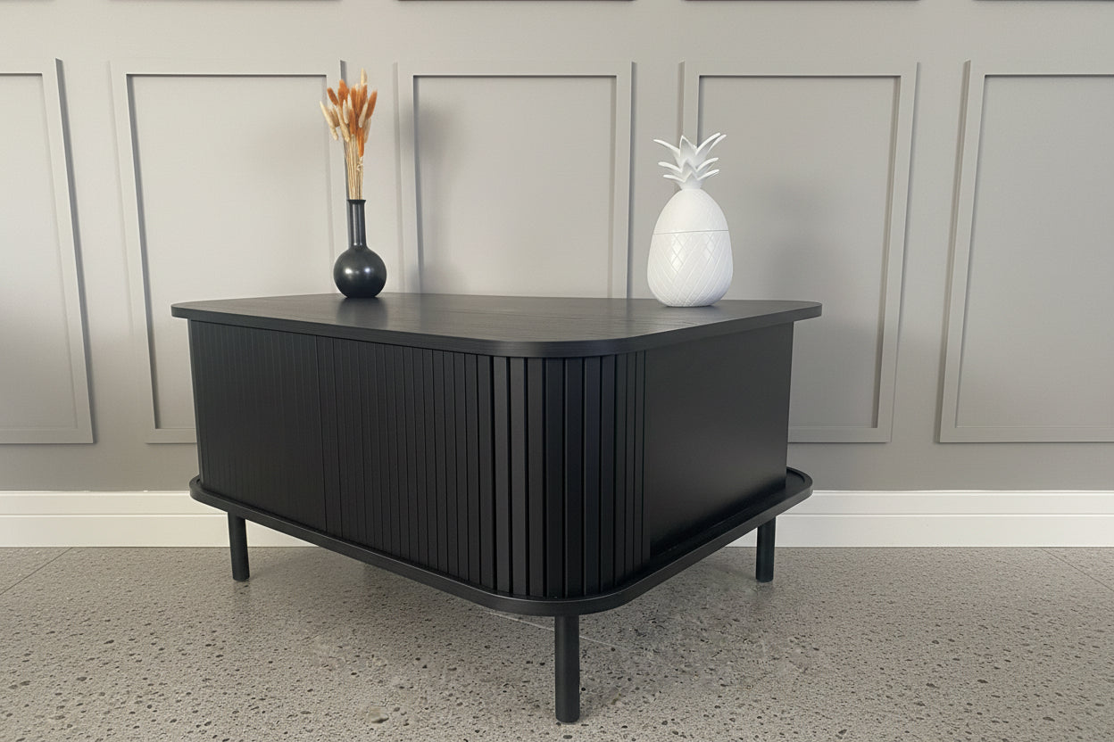 Modern Black Coffee Table with Sliding Fluted Doors – 120cm