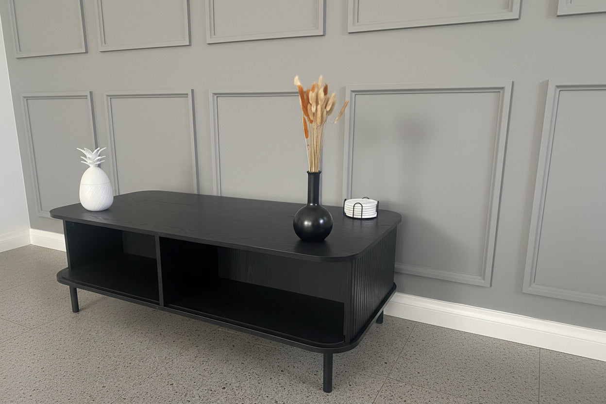Modern Black Coffee Table with Sliding Fluted Doors – 120cm