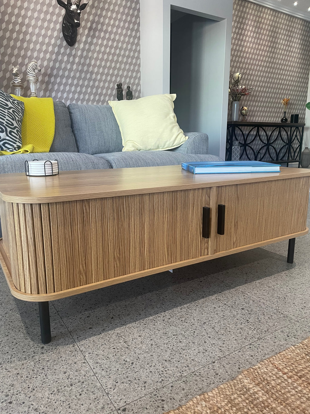 Modern Coffee Table - Natural Oak with Sliding Doors - 120cm
