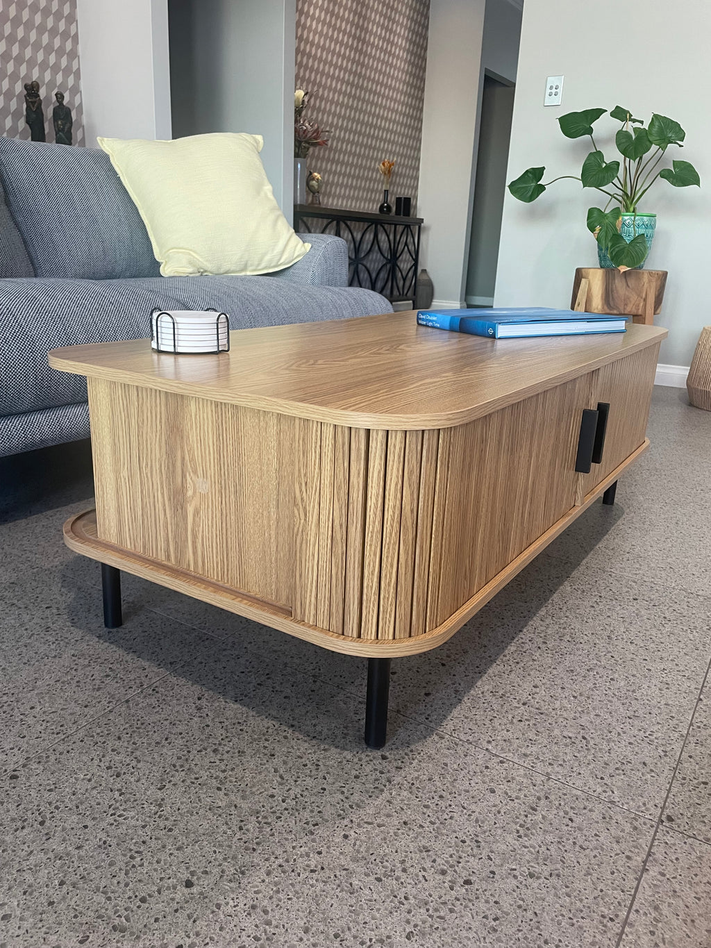Modern Coffee Table - Natural Oak with Sliding Doors - 120cm