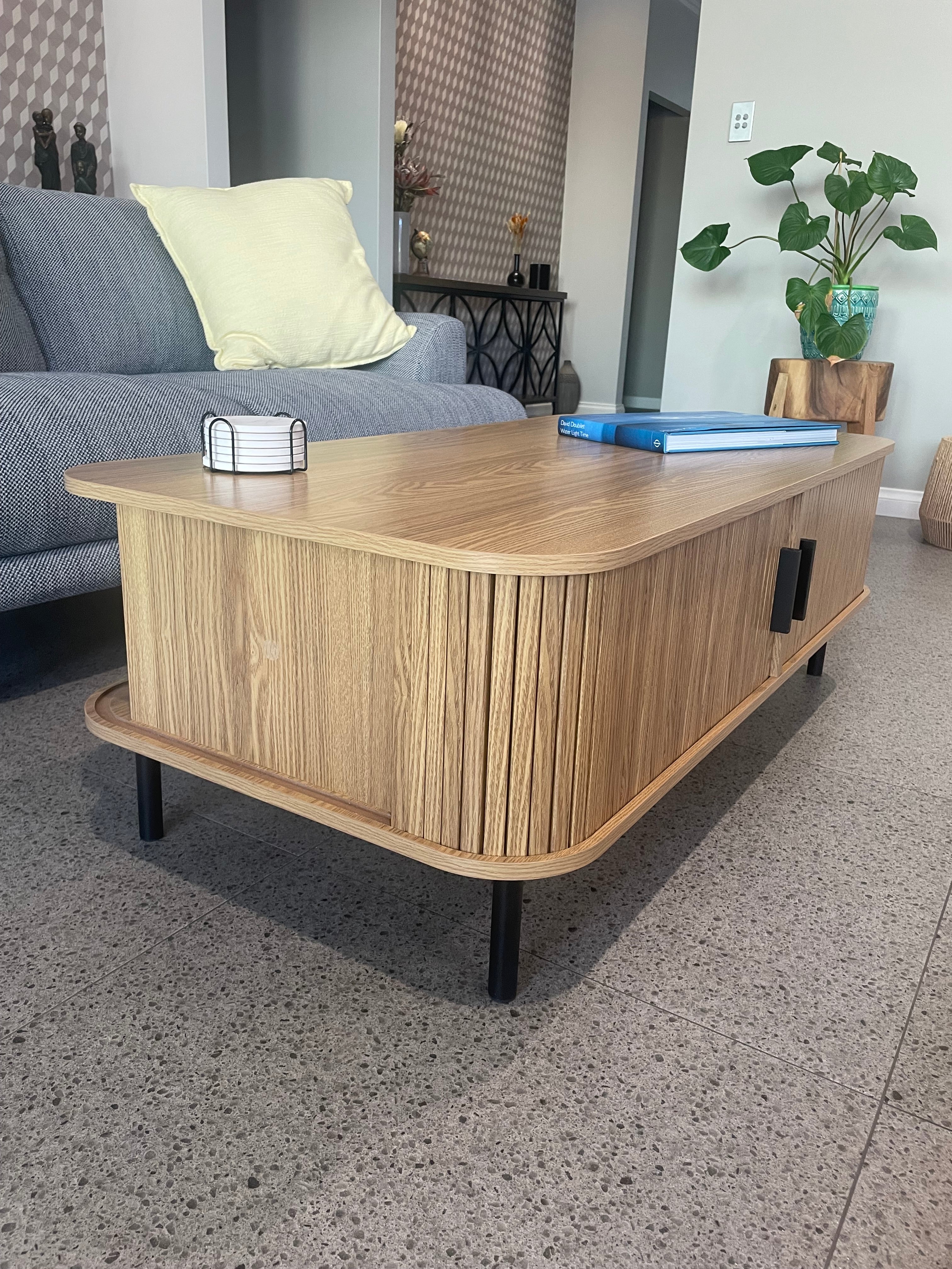 Modern Coffee Table - Natural Oak with Sliding Doors - 120cm