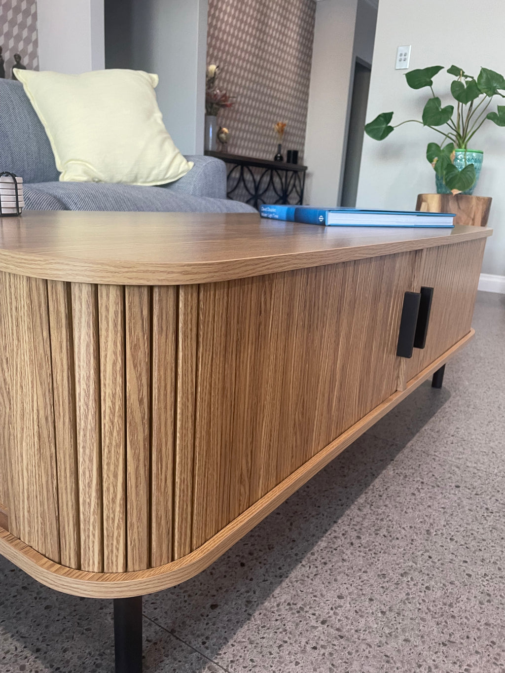 Modern Coffee Table - Natural Oak with Sliding Doors - 120cm