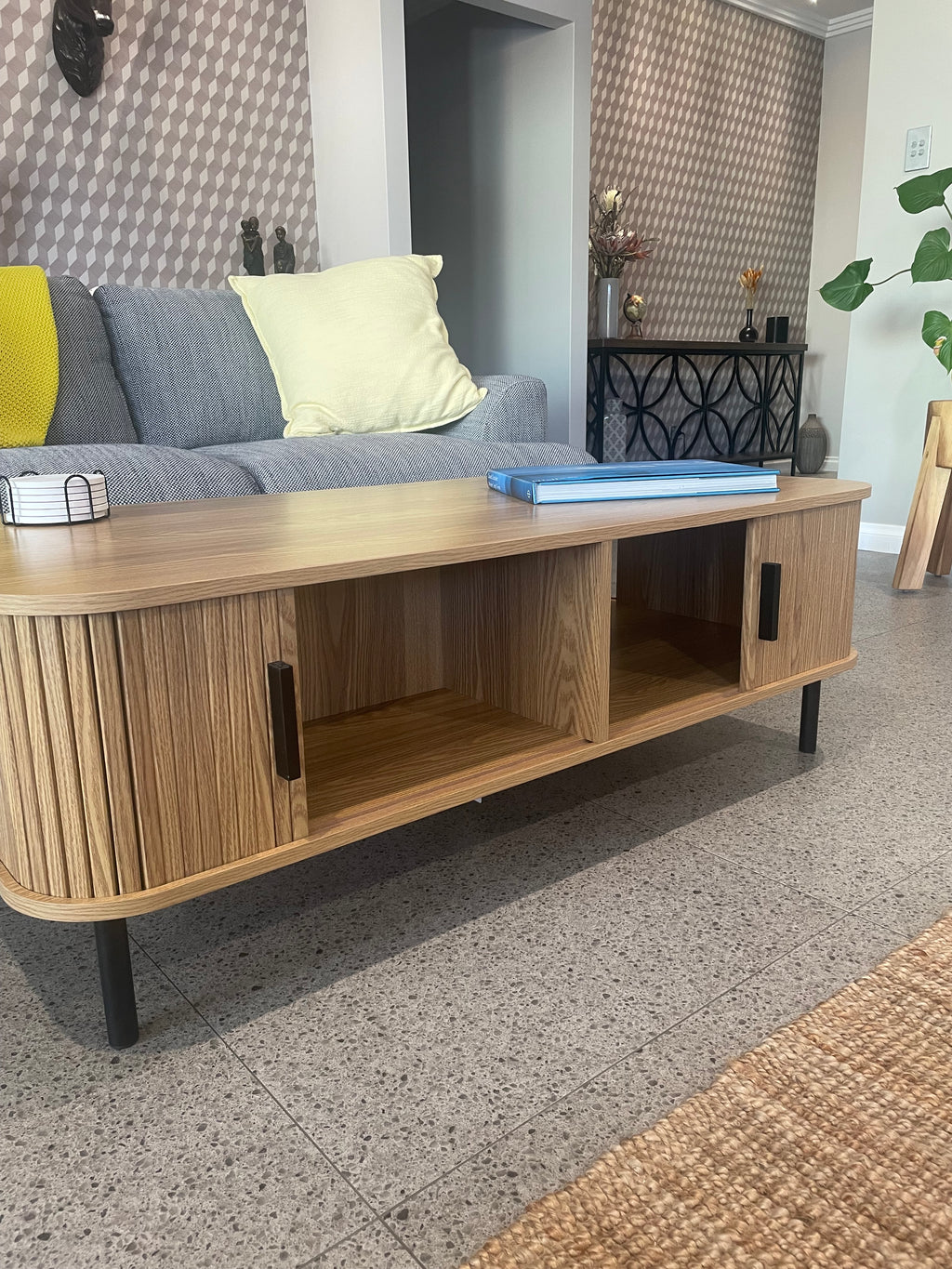 Modern Coffee Table - Natural Oak with Sliding Doors - 120cm