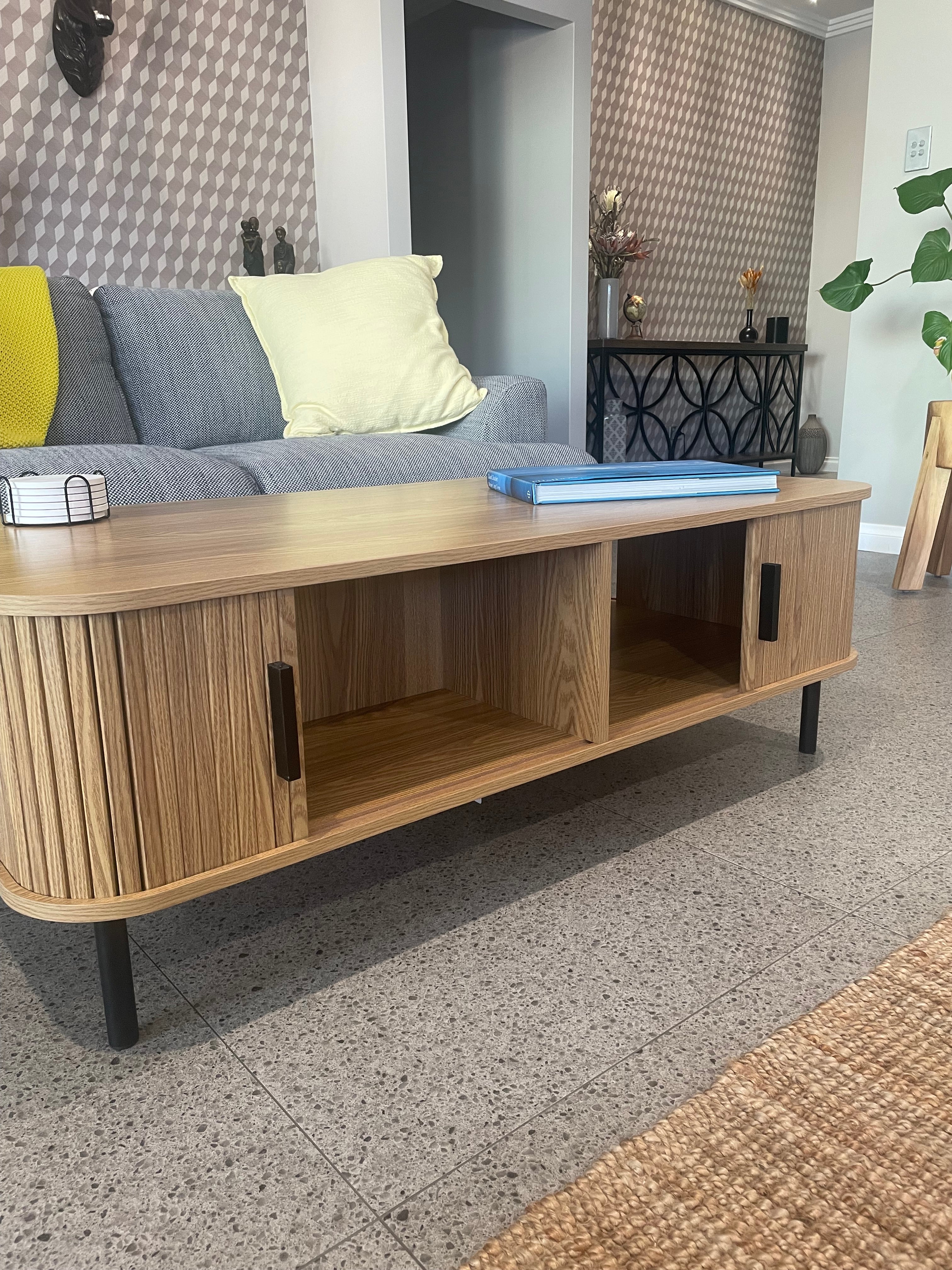 Modern Coffee Table - Natural Oak with Sliding Doors - 120cm