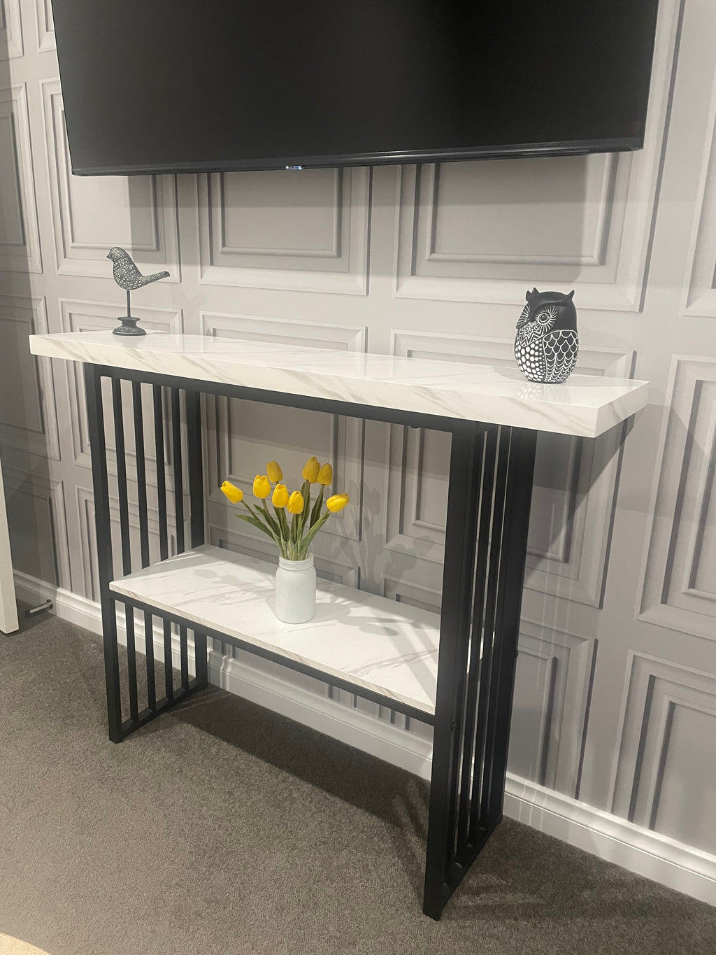 Modern Console Table – Marble-Look Top & Black Metal Frame – 120cm