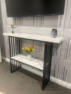 Modern Console Table – Marble-Look Top & Black Metal Frame – 120cm