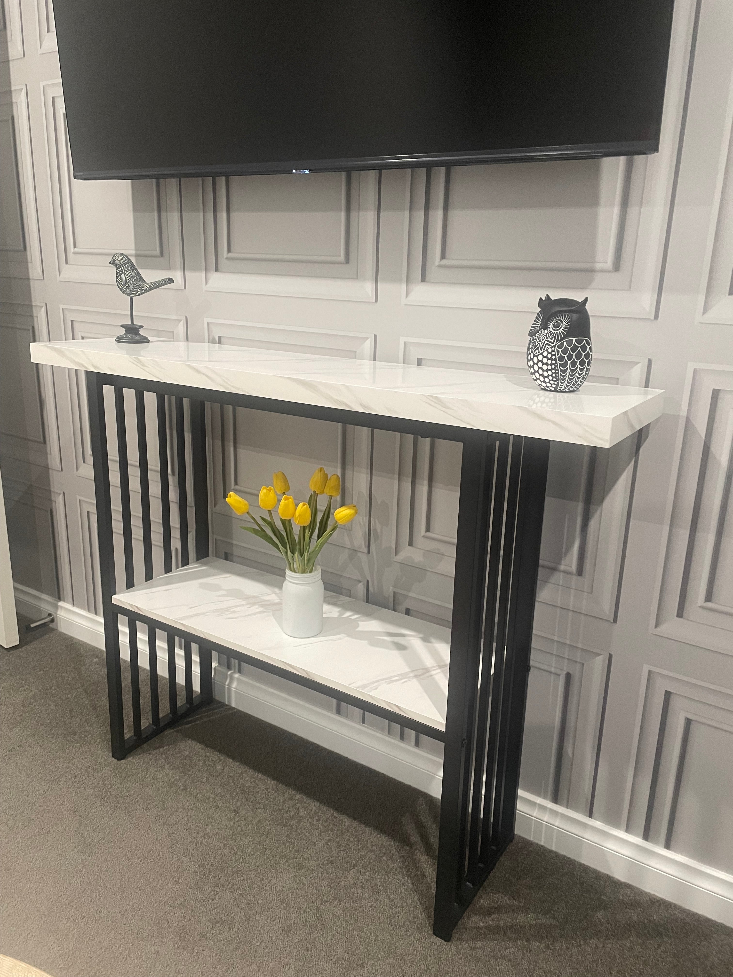 Modern Console Table – Marble-Look Top & Black Metal Frame – 120cm