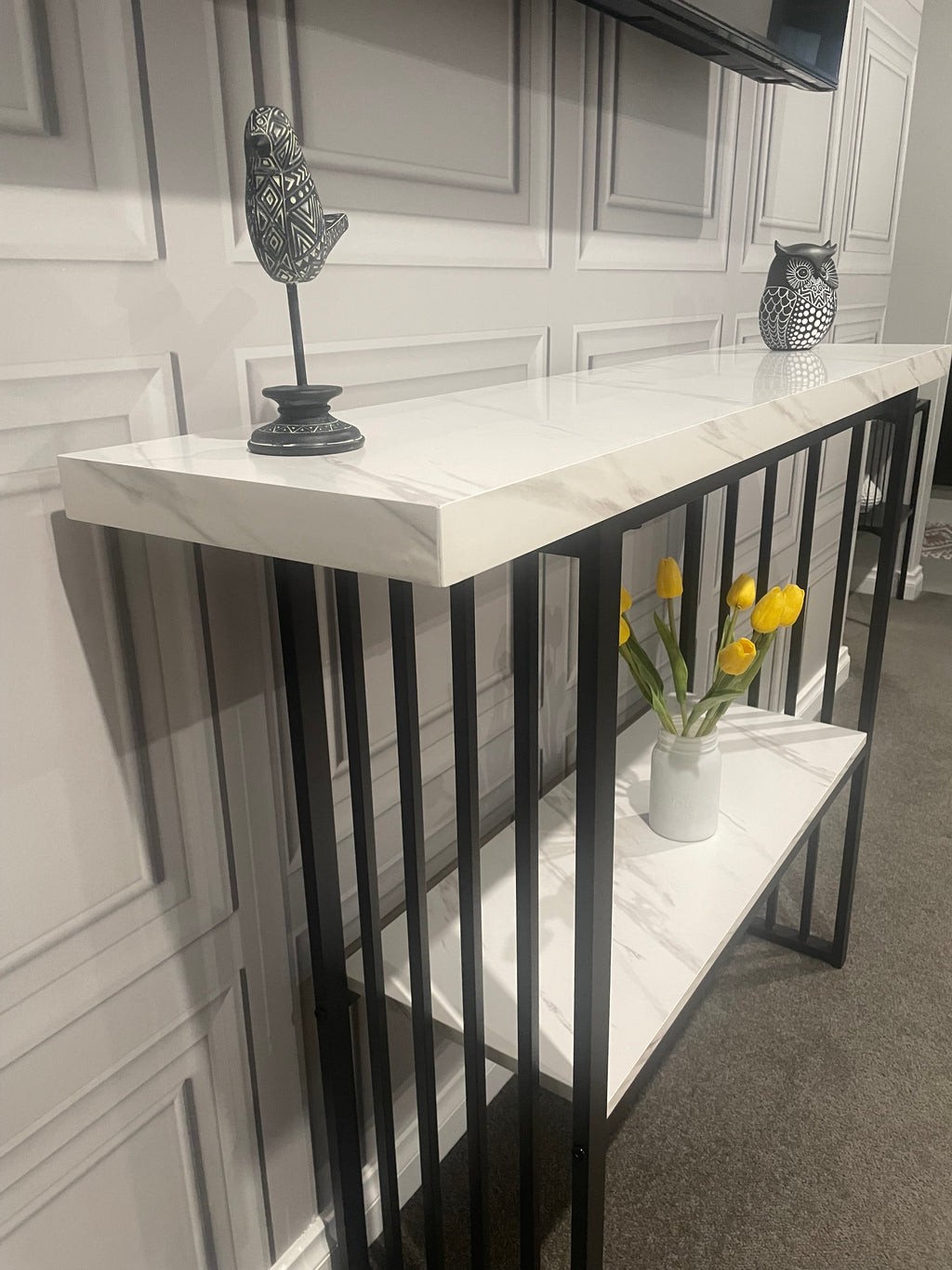 Modern Console Table – Marble-Look Top & Black Metal Frame – 120cm