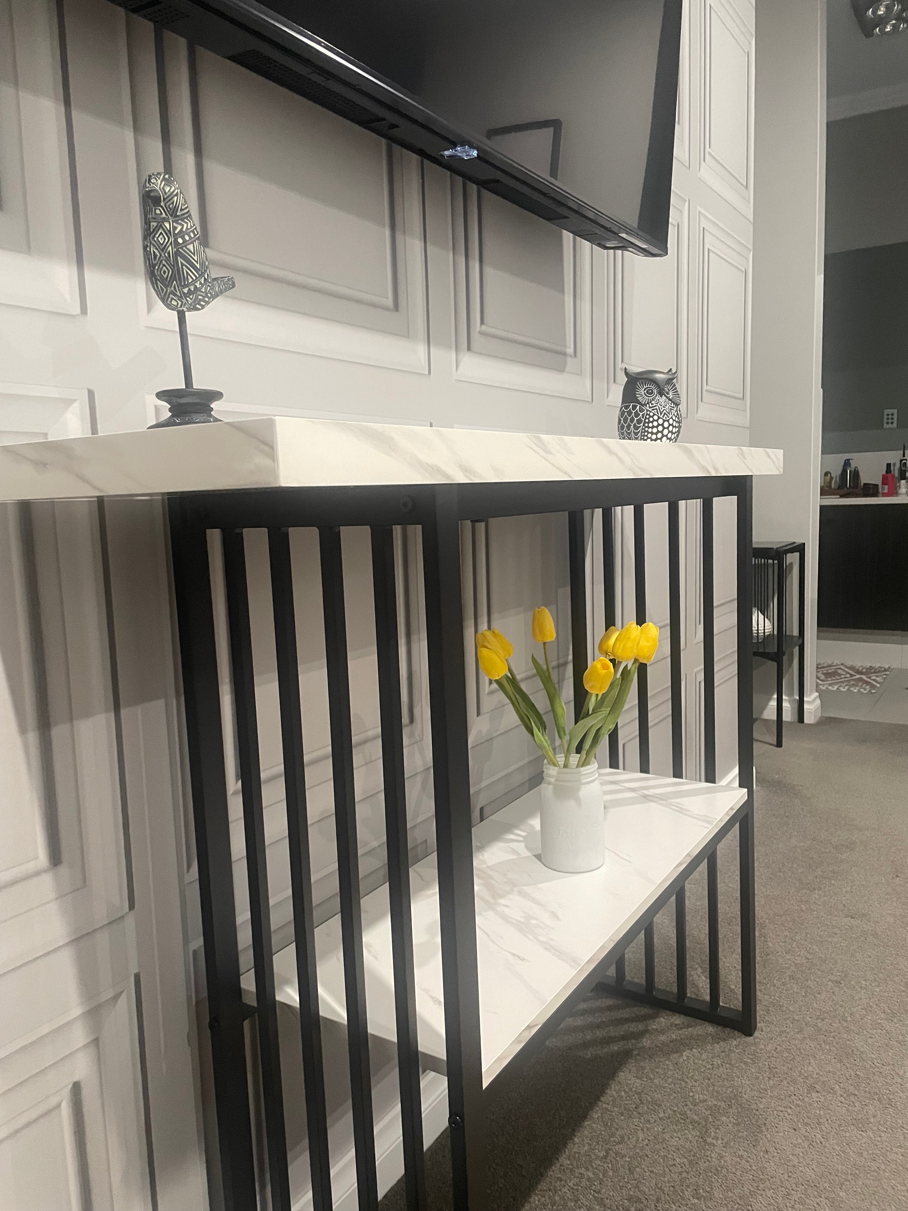 Modern Console Table – Marble-Look Top & Black Metal Frame – 120cm