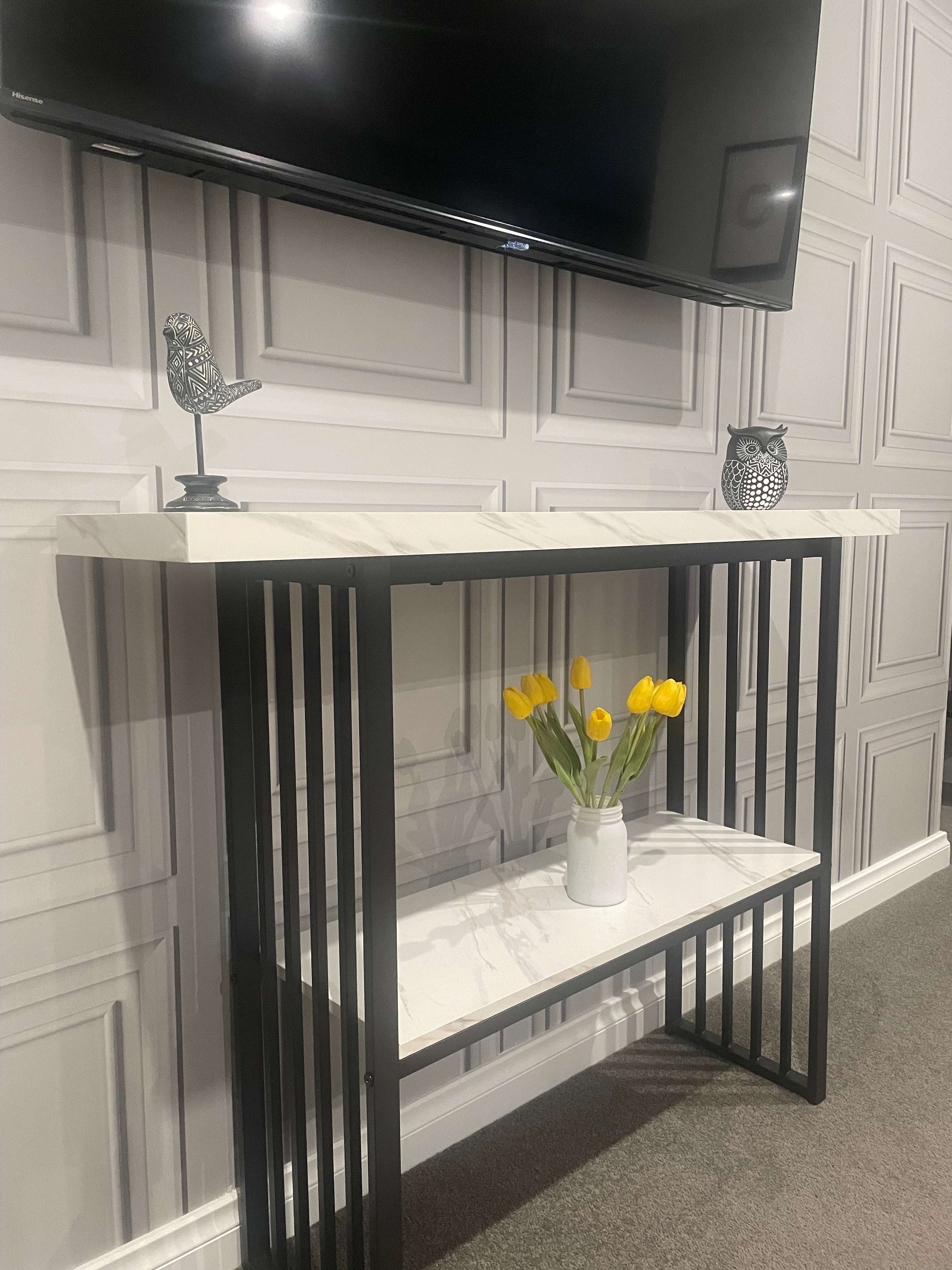 Modern Console Table – Marble-Look Top & Black Metal Frame – 120cm