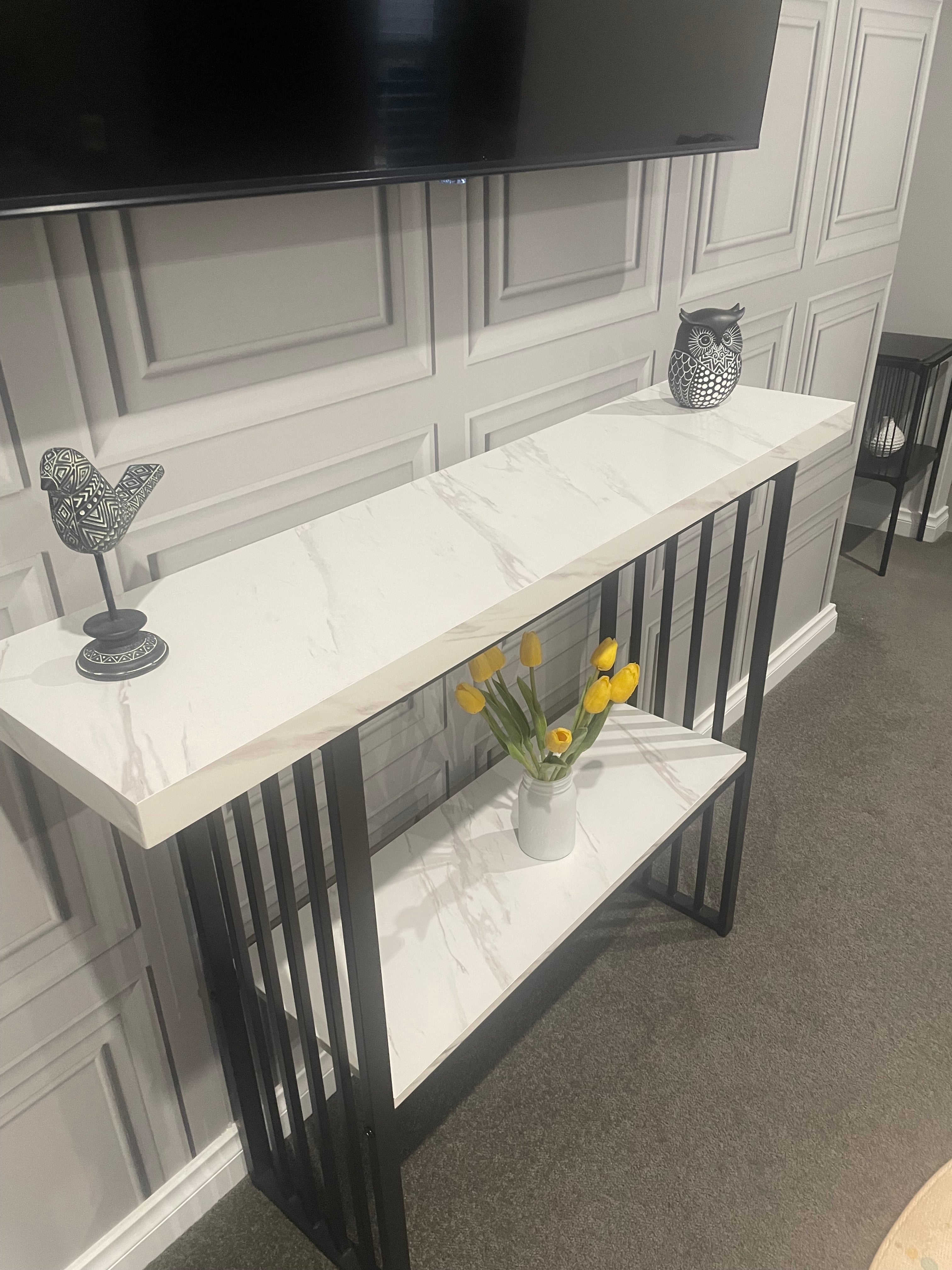 Modern Console Table – Marble-Look Top & Black Metal Frame – 120cm