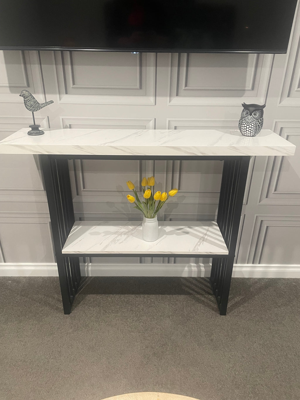 Modern Console Table – Marble-Look Top & Black Metal Frame – 120cm