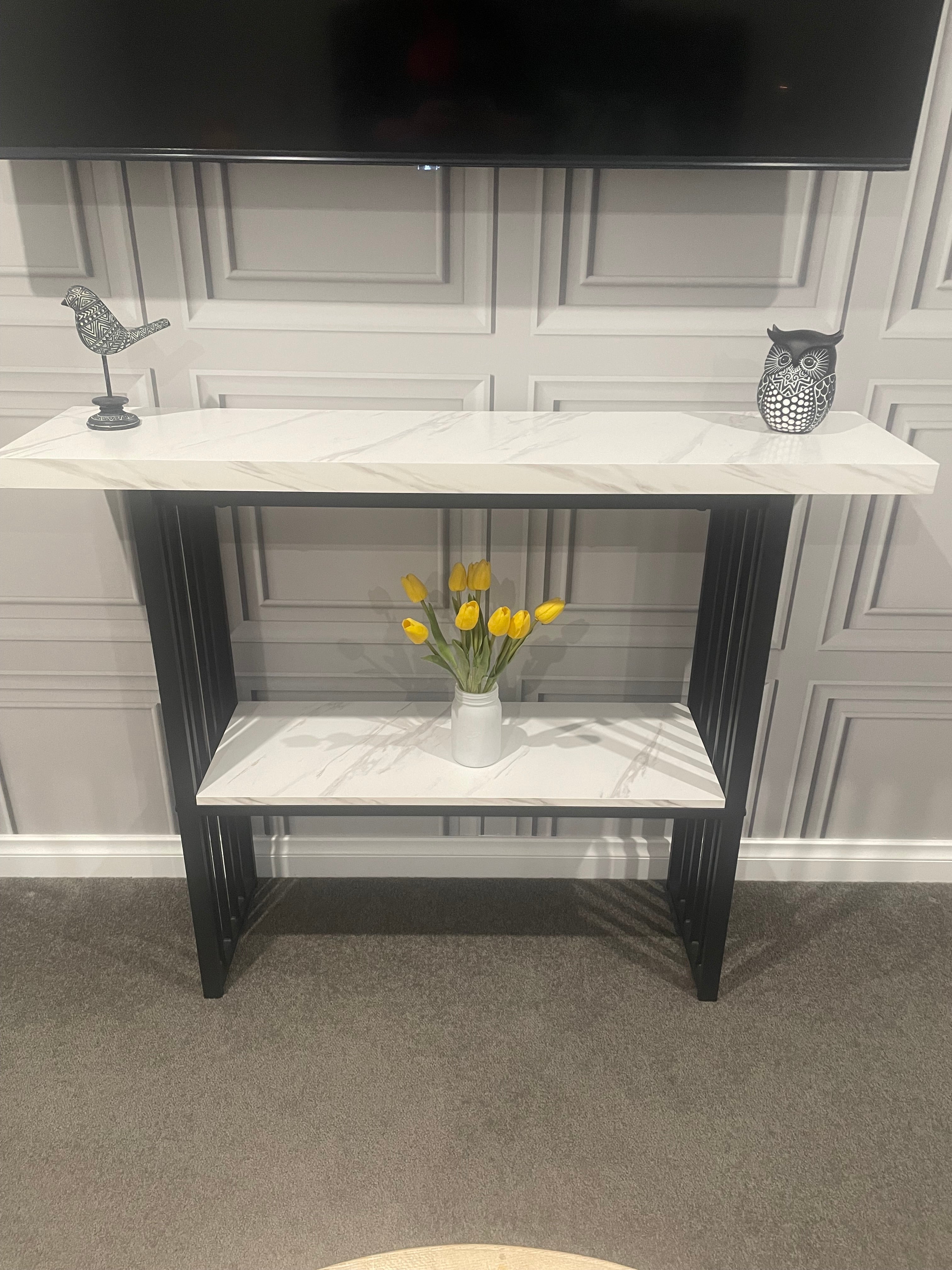 Modern Console Table – Marble-Look Top & Black Metal Frame – 120cm