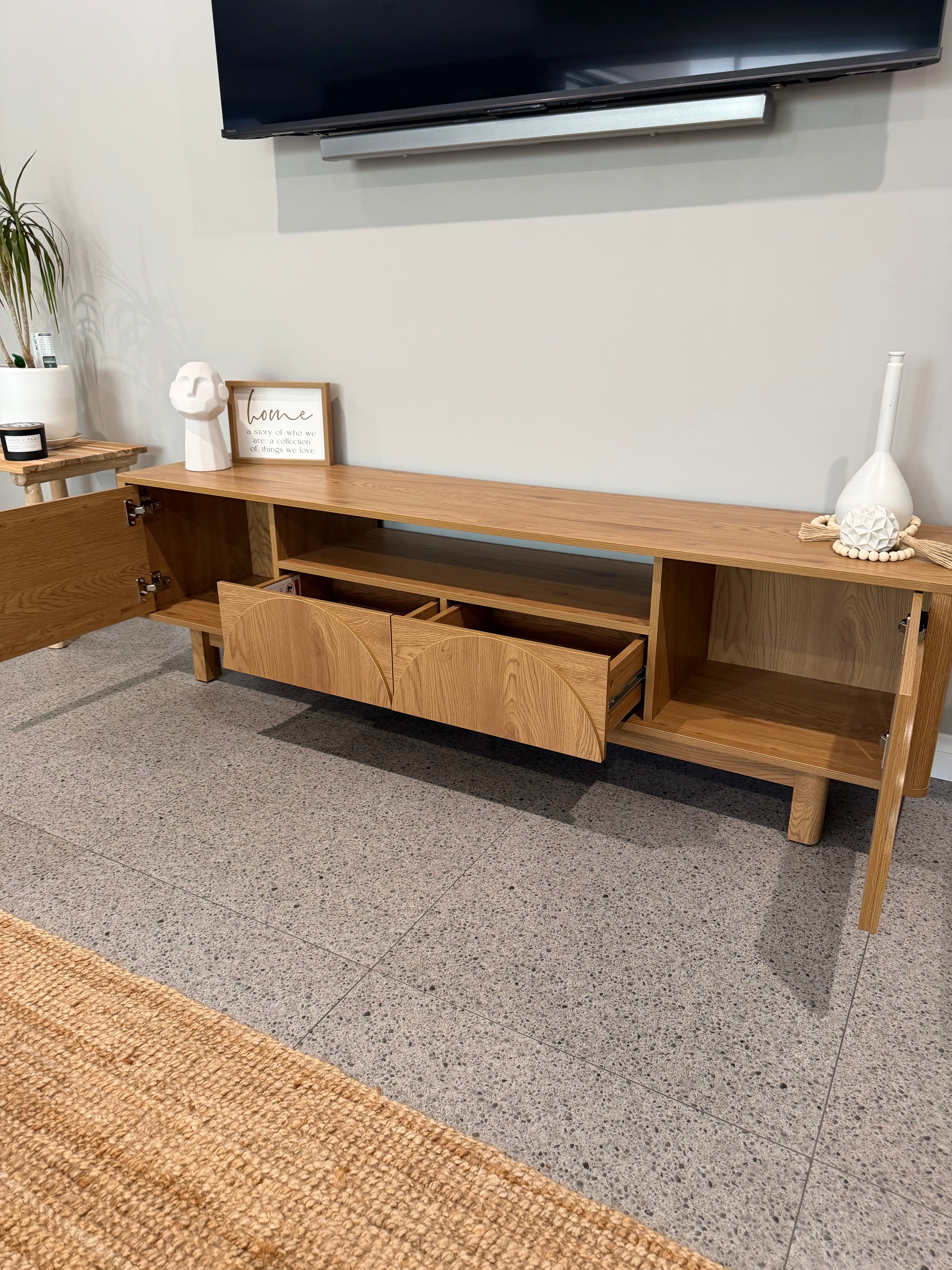 Oak Finish TV Entertainment Unit with Arched Door Detail